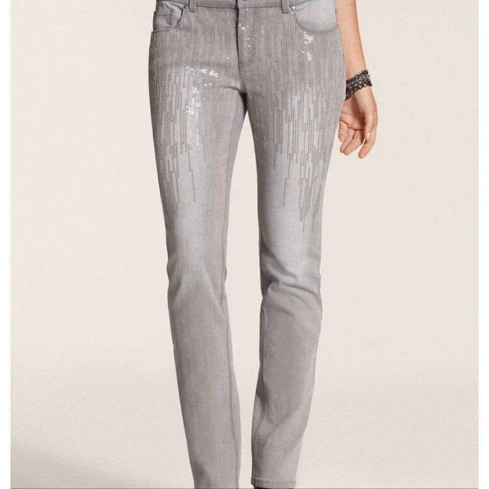 NEW Chico’s Sequin Frost Slim‎ Jeans Gray Silver 00 US 2
